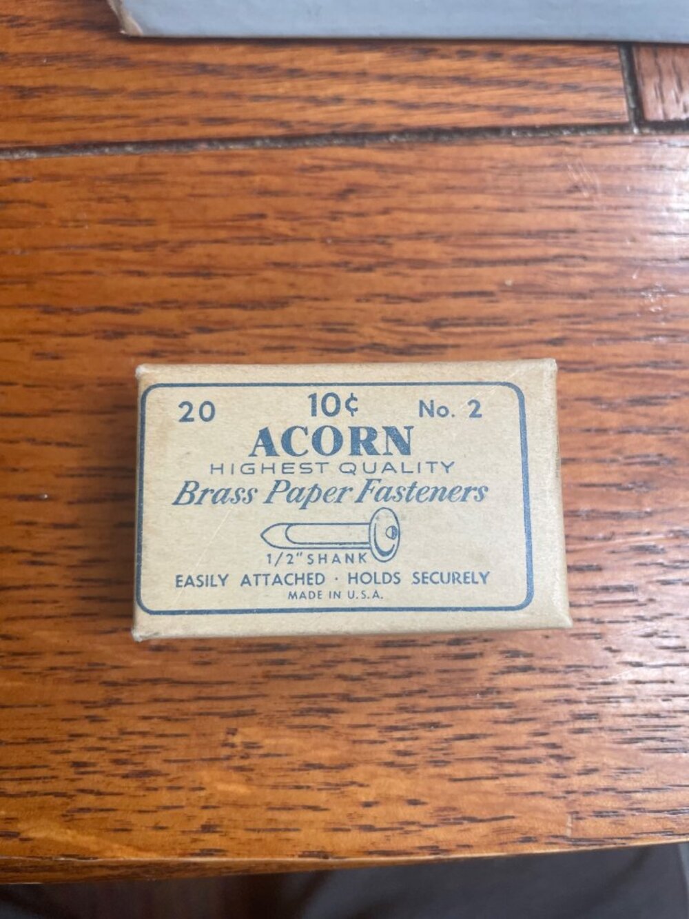 Vintage Acorn Brass Paper Fasteners No. 2 1/2" Shank - Box Of 20 Made In USA